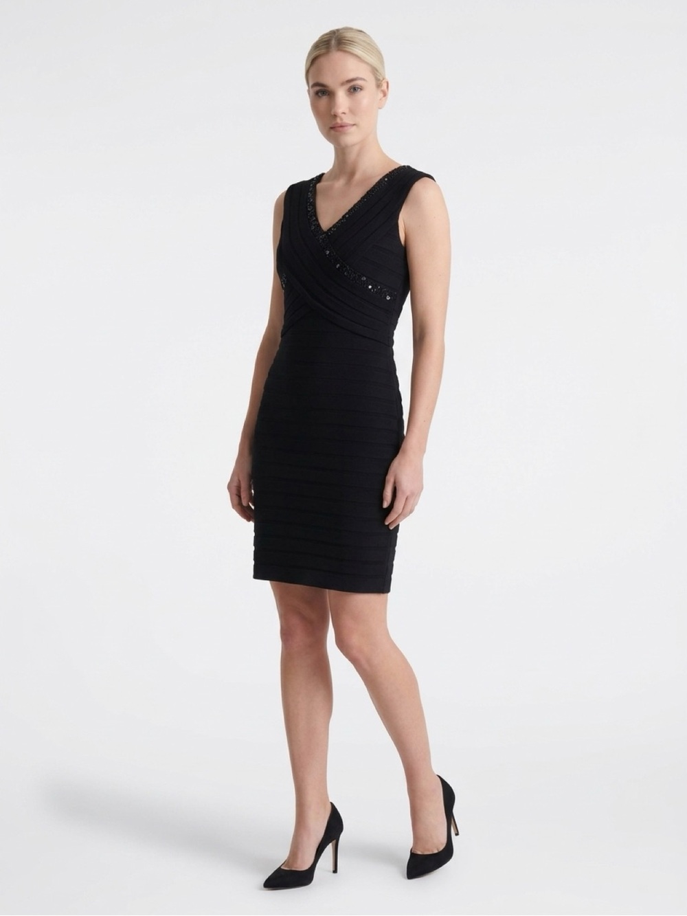 ADRIANNA PAPELL Black Beaded LBD Sleeveless Ruffle Formal Bodycon Dress Sz 14